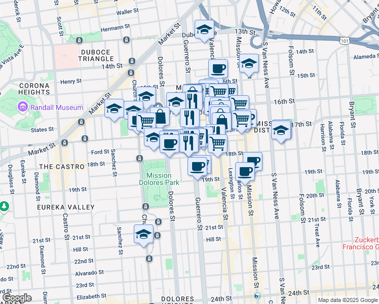 map of restaurants, bars, coffee shops, grocery stores, and more near 10 Dorland Street in San Francisco