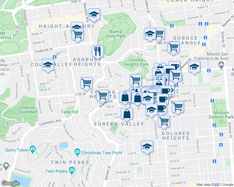 map of restaurants, bars, coffee shops, grocery stores, and more near 80 Ord Street in San Francisco