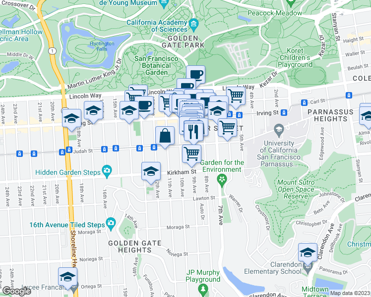 map of restaurants, bars, coffee shops, grocery stores, and more near 1379 10th Avenue in San Francisco