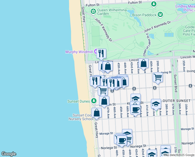 map of restaurants, bars, coffee shops, grocery stores, and more near 1298 48th Avenue in San Francisco