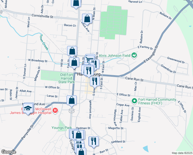 map of restaurants, bars, coffee shops, grocery stores, and more near 217-2 West Lexington Street in Harrodsburg