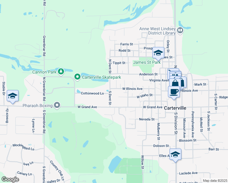map of restaurants, bars, coffee shops, grocery stores, and more near 101 North Dent Street in Carterville