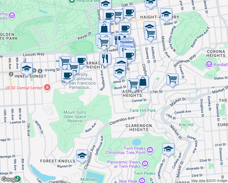 map of restaurants, bars, coffee shops, grocery stores, and more near 1208 Stanyan Street in San Francisco
