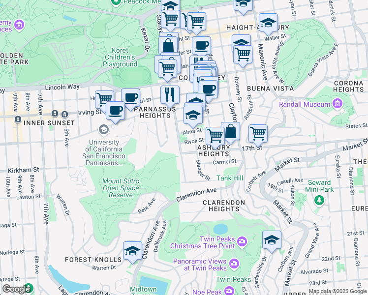 map of restaurants, bars, coffee shops, grocery stores, and more near 1208 Stanyan Street in San Francisco