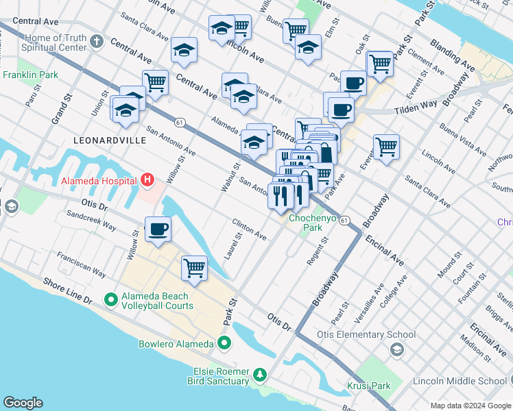 map of restaurants, bars, coffee shops, grocery stores, and more near 2251 San Jose Avenue in Alameda