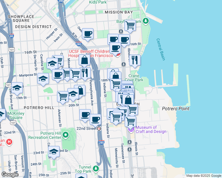 map of restaurants, bars, coffee shops, grocery stores, and more near 654 Minnesota Street in San Francisco