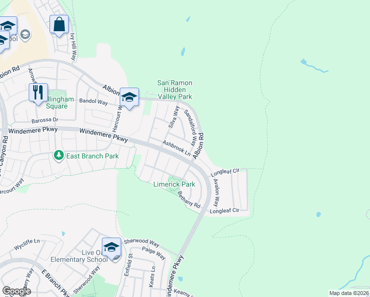 map of restaurants, bars, coffee shops, grocery stores, and more near 3700 Vindara Lane in San Ramon
