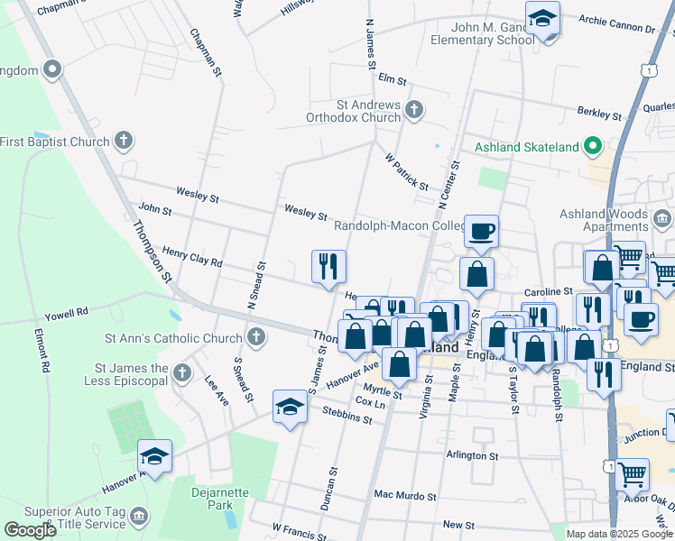 map of restaurants, bars, coffee shops, grocery stores, and more near 206 North James Street in Ashland