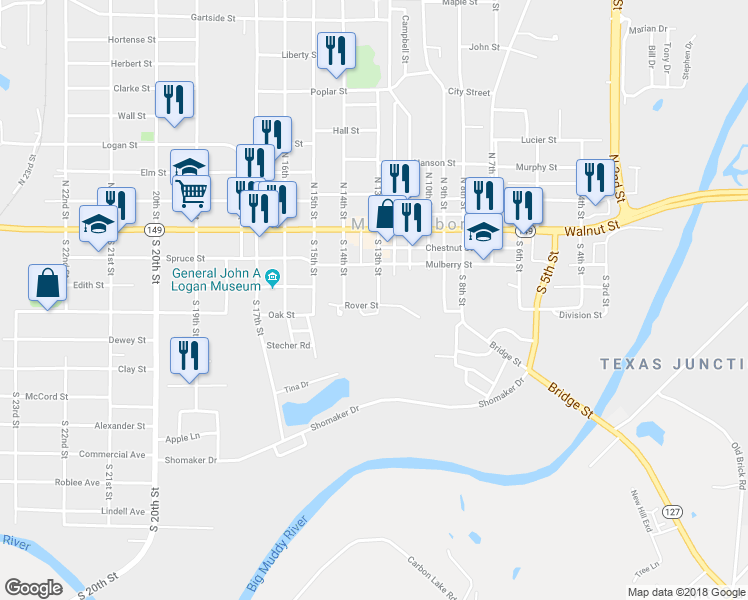 map of restaurants, bars, coffee shops, grocery stores, and more near 225 South 13th Street in Murphysboro