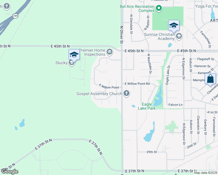 map of restaurants, bars, coffee shops, grocery stores, and more near 4601 East Willow Point Court in Wichita