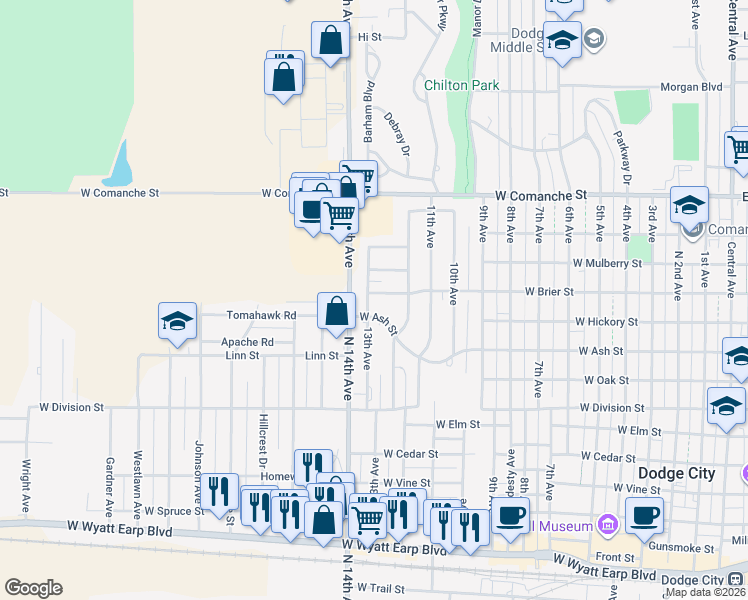 map of restaurants, bars, coffee shops, grocery stores, and more near 1500-1598 13th Avenue in Dodge City