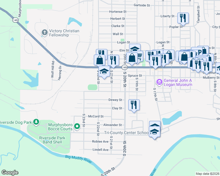 map of restaurants, bars, coffee shops, grocery stores, and more near 2125 Spruce Street in Murphysboro