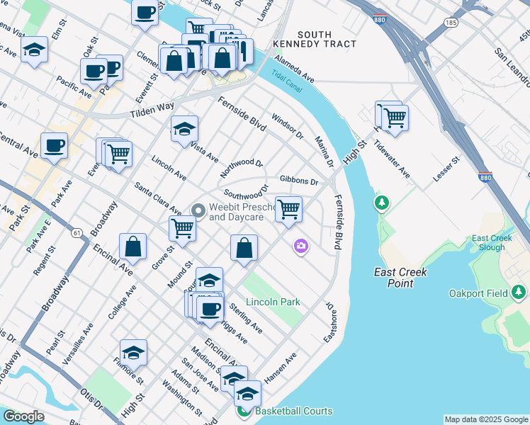 map of restaurants, bars, coffee shops, grocery stores, and more near 3029 Thompson Avenue in Alameda