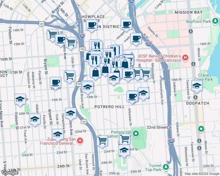 map of restaurants, bars, coffee shops, grocery stores, and more near 655 De Haro Street in San Francisco
