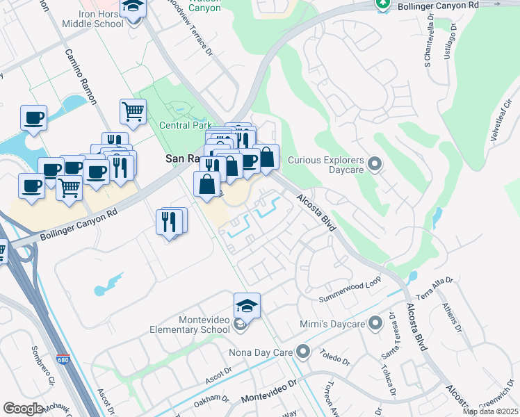 map of restaurants, bars, coffee shops, grocery stores, and more near 105 Reflections Drive in San Ramon