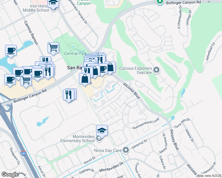 map of restaurants, bars, coffee shops, grocery stores, and more near 115 Reflections Drive in San Ramon