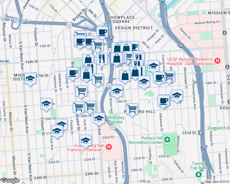 map of restaurants, bars, coffee shops, grocery stores, and more near 574 Vermont Street in San Francisco