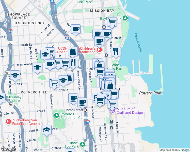map of restaurants, bars, coffee shops, grocery stores, and more near 654 Minnesota Street in San Francisco