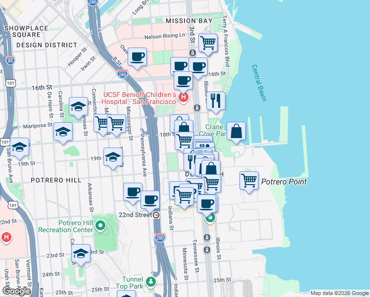 map of restaurants, bars, coffee shops, grocery stores, and more near in San Francisco