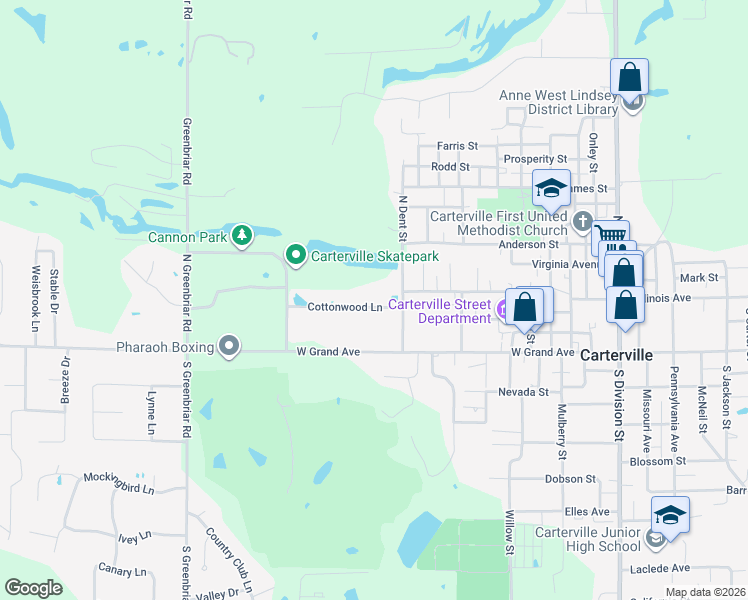 map of restaurants, bars, coffee shops, grocery stores, and more near 804 Cottonwood Lane in Carterville