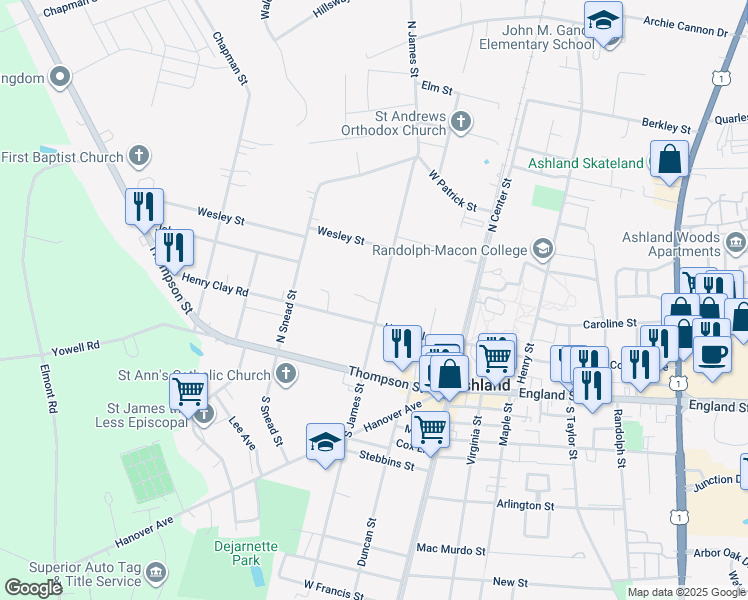 map of restaurants, bars, coffee shops, grocery stores, and more near 206 North James Street in Ashland