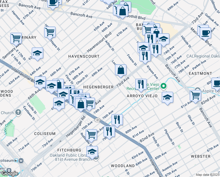 map of restaurants, bars, coffee shops, grocery stores, and more near 1819 73rd Avenue in Oakland