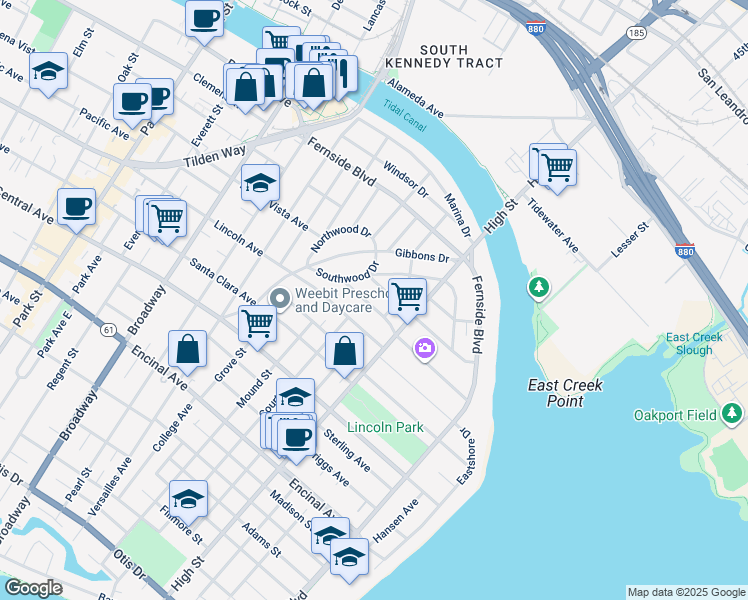 map of restaurants, bars, coffee shops, grocery stores, and more near 3029 Thompson Avenue in Alameda
