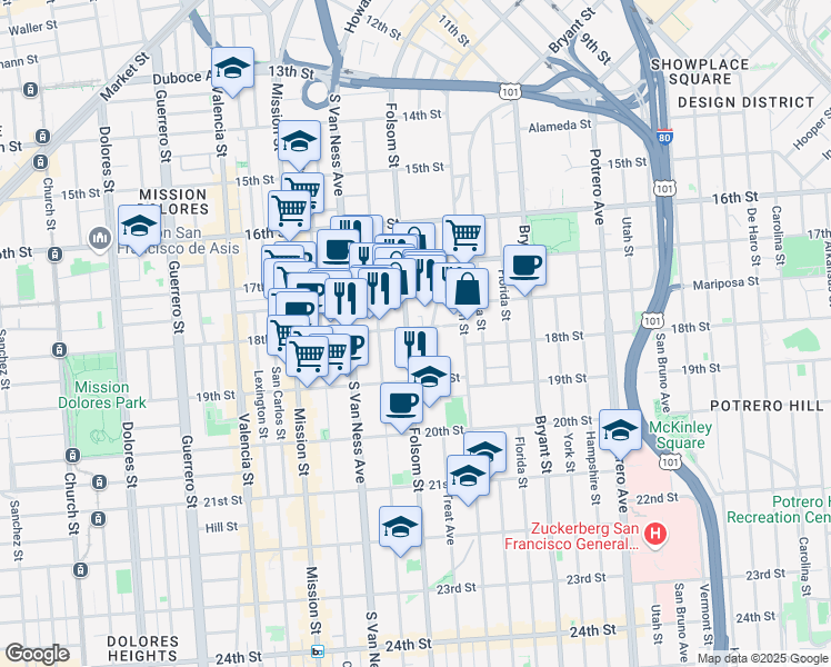 map of restaurants, bars, coffee shops, grocery stores, and more near 2169 Folsom Street in San Francisco