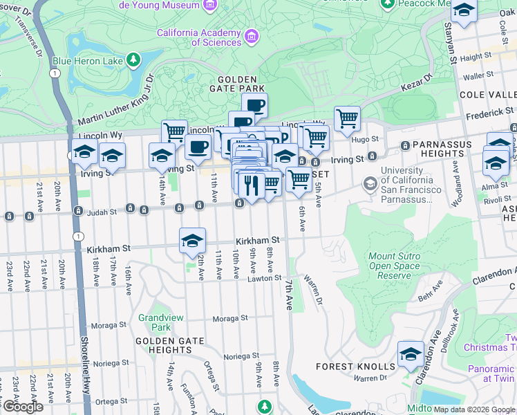 map of restaurants, bars, coffee shops, grocery stores, and more near 1382 9th Avenue in San Francisco