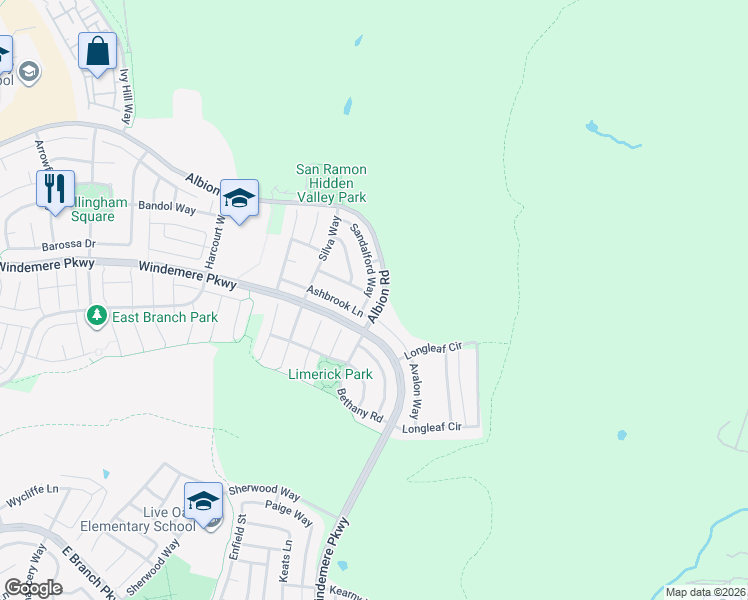 map of restaurants, bars, coffee shops, grocery stores, and more near 3518 Sandalford Way in San Ramon
