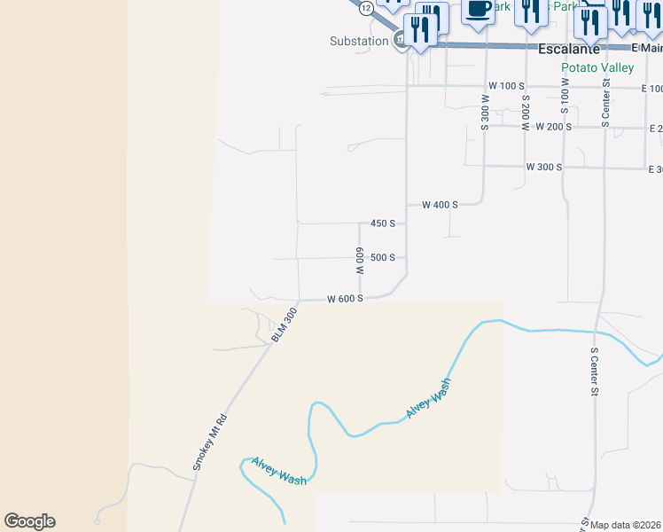 map of restaurants, bars, coffee shops, grocery stores, and more near 700 500 South in Escalante