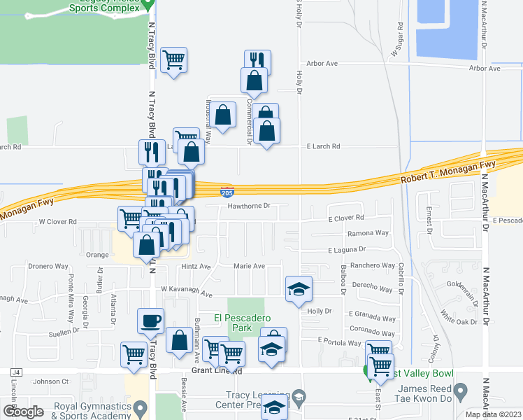 map of restaurants, bars, coffee shops, grocery stores, and more near 155 Hawthorne Drive in Tracy