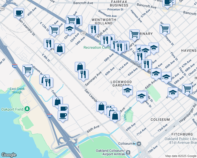 map of restaurants, bars, coffee shops, grocery stores, and more near 1163 60th Avenue in Oakland