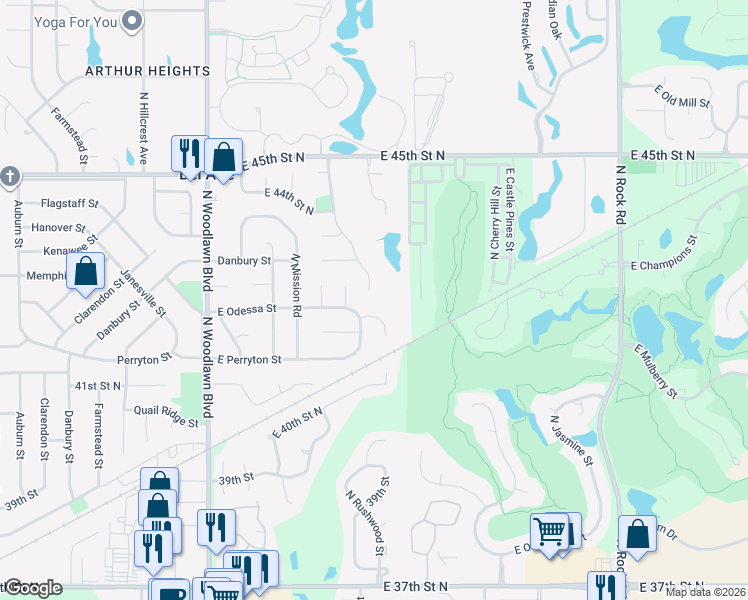 map of restaurants, bars, coffee shops, grocery stores, and more near 4324 North Rushwood Creek in Bel Aire