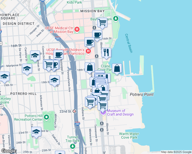 map of restaurants, bars, coffee shops, grocery stores, and more near 729 Tennessee Street in San Francisco