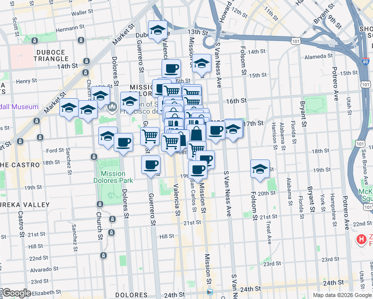 map of restaurants, bars, coffee shops, grocery stores, and more near 3444 18th Street in San Francisco