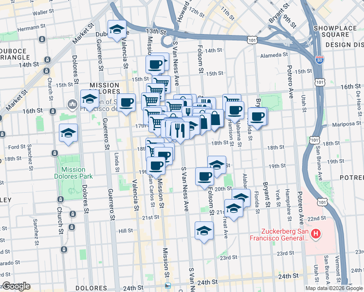 map of restaurants, bars, coffee shops, grocery stores, and more near S Van Ness Ave & 18th St in San Francisco
