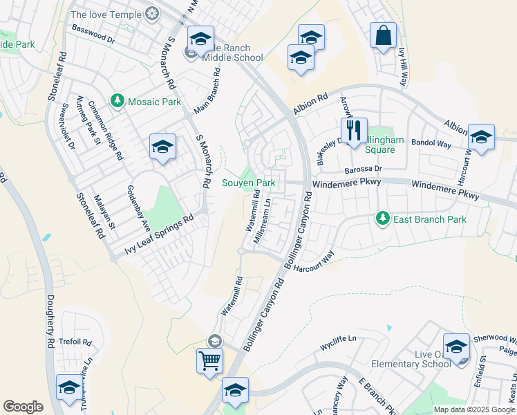 map of restaurants, bars, coffee shops, grocery stores, and more near 2165 Watermill Road in San Ramon