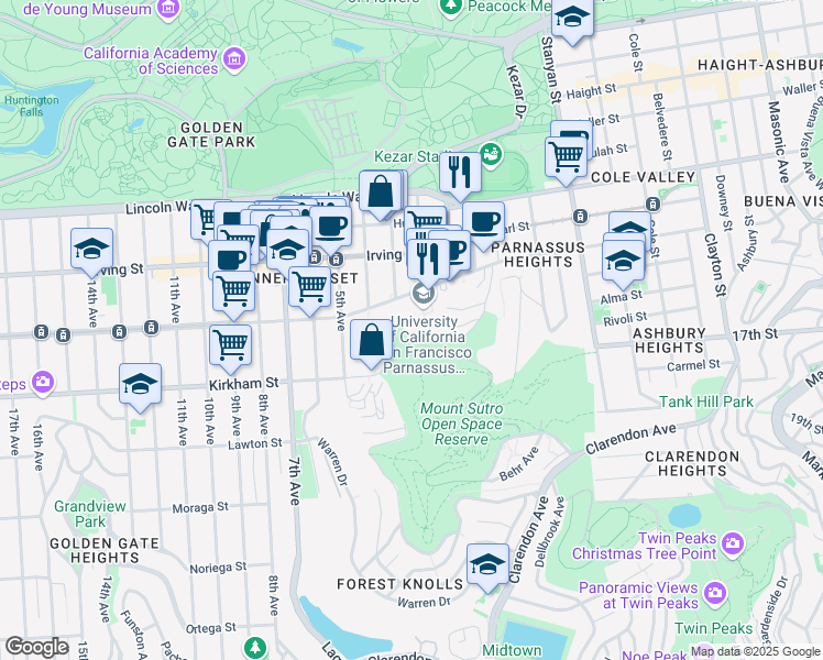 map of restaurants, bars, coffee shops, grocery stores, and more near 35 Medical Center Way in San Francisco