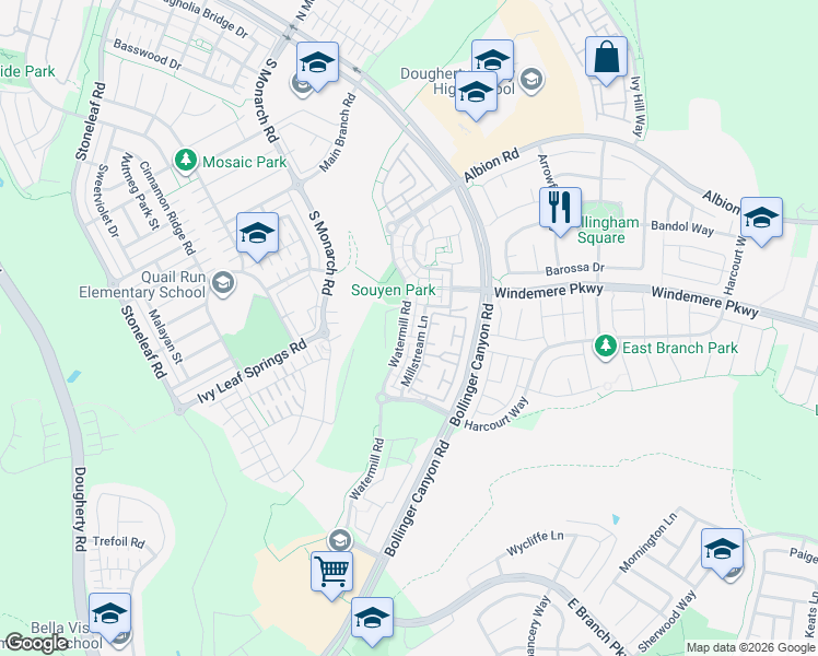 map of restaurants, bars, coffee shops, grocery stores, and more near 2165 Watermill Road in San Ramon