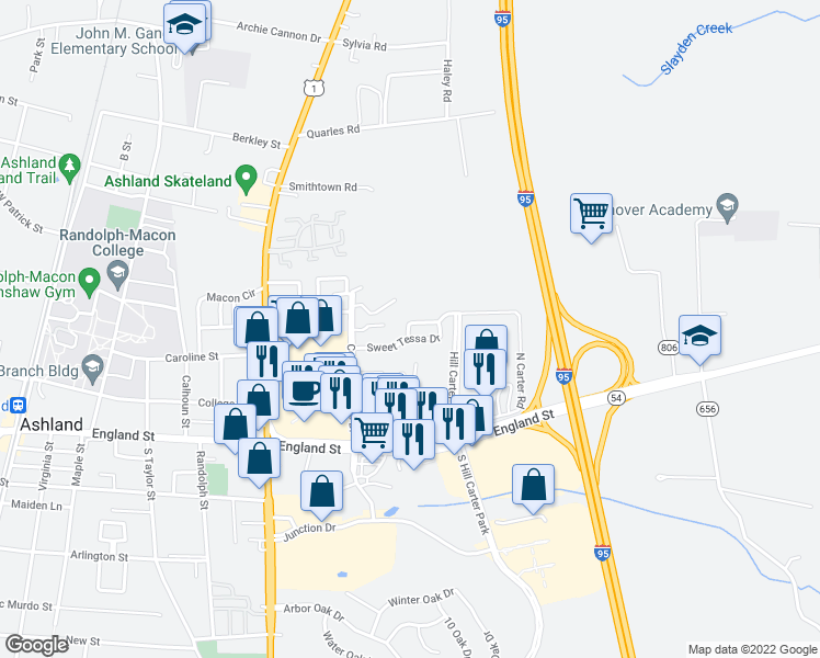 map of restaurants, bars, coffee shops, grocery stores, and more near 909 Kitty Hamilton Circle in Ashland