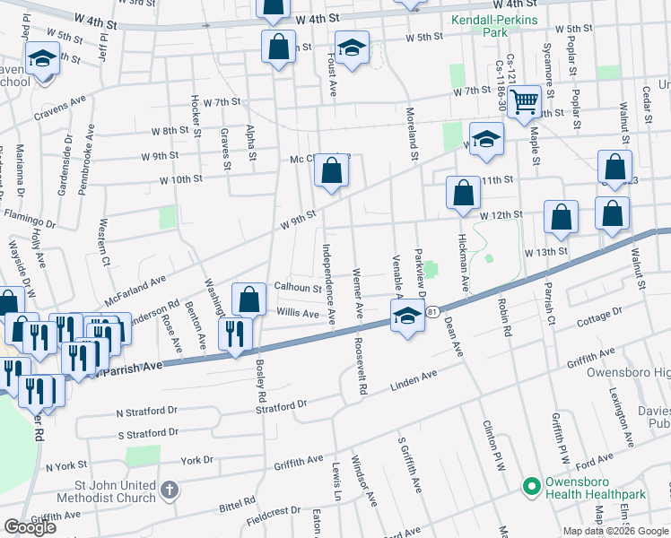 map of restaurants, bars, coffee shops, grocery stores, and more near 1304 Independence Avenue in Owensboro