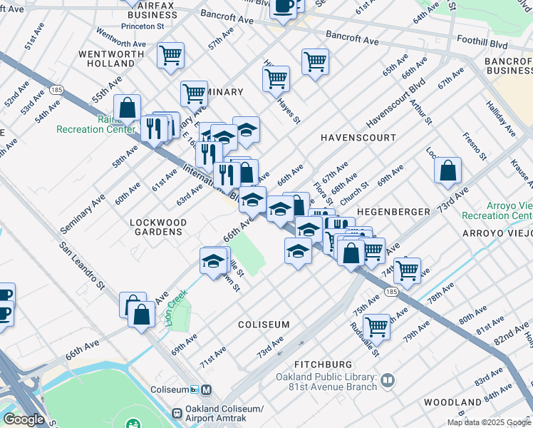 map of restaurants, bars, coffee shops, grocery stores, and more near International Boulevard & Havenscourt Boulevard in Oakland