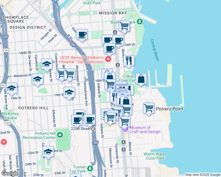 map of restaurants, bars, coffee shops, grocery stores, and more near 729 Tennessee Street in San Francisco