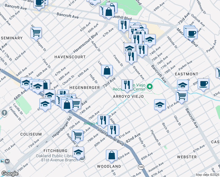 map of restaurants, bars, coffee shops, grocery stores, and more near 7333 Weld Street in Oakland