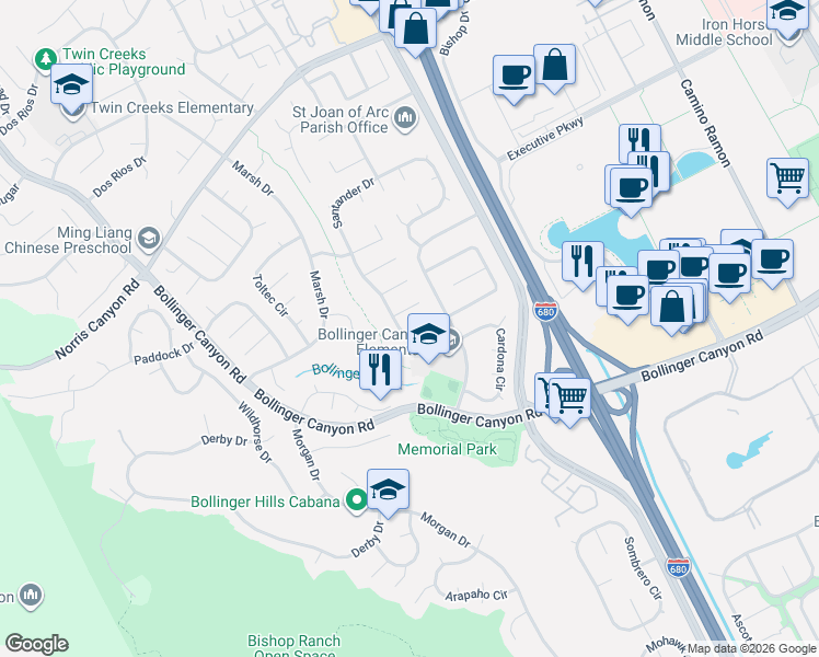 map of restaurants, bars, coffee shops, grocery stores, and more near 27 Palamos Court in San Ramon