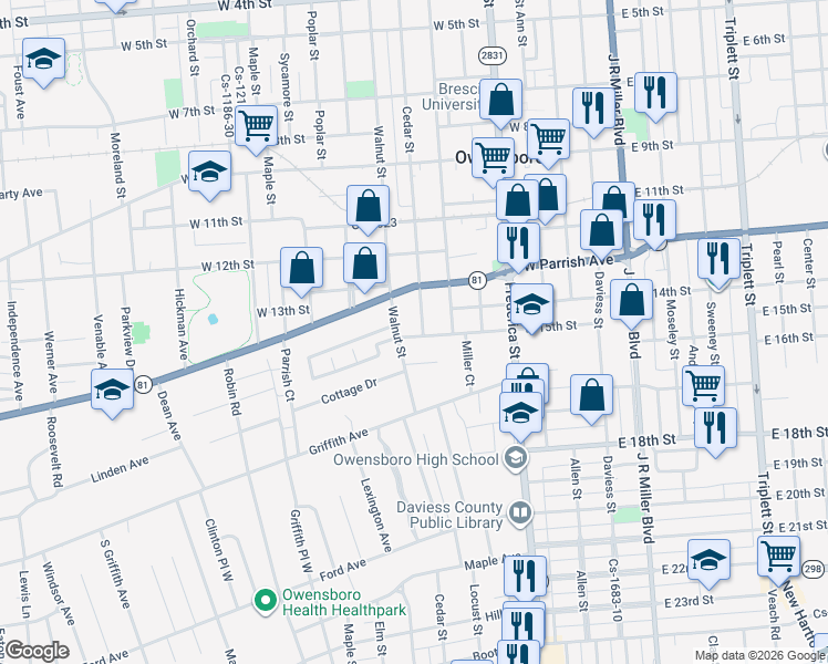 map of restaurants, bars, coffee shops, grocery stores, and more near 1405 Cedar Street in Owensboro