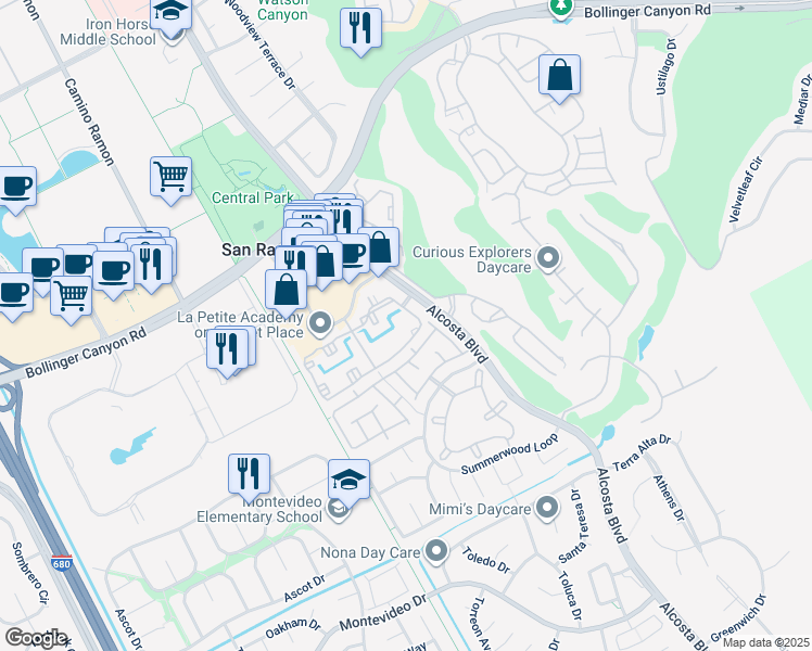 map of restaurants, bars, coffee shops, grocery stores, and more near 135 Reflections Drive in San Ramon