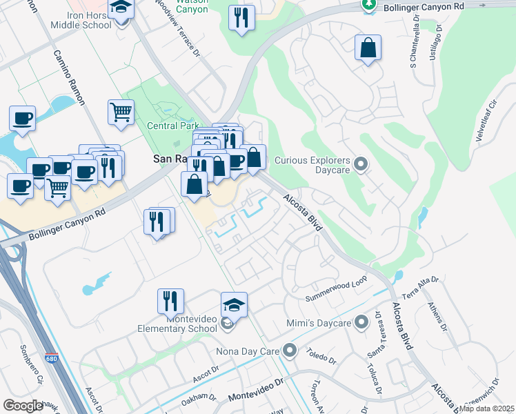 map of restaurants, bars, coffee shops, grocery stores, and more near 135 Reflections Drive in San Ramon
