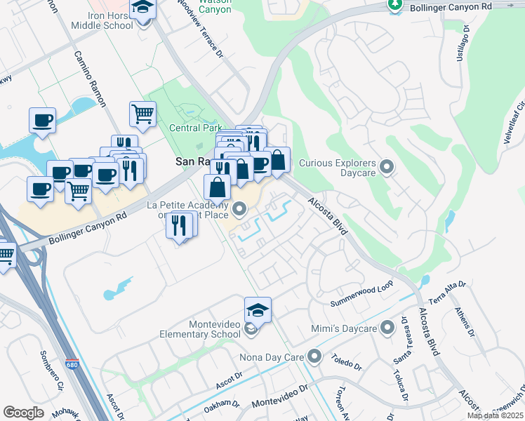 map of restaurants, bars, coffee shops, grocery stores, and more near 120 Reflections Drive in San Ramon